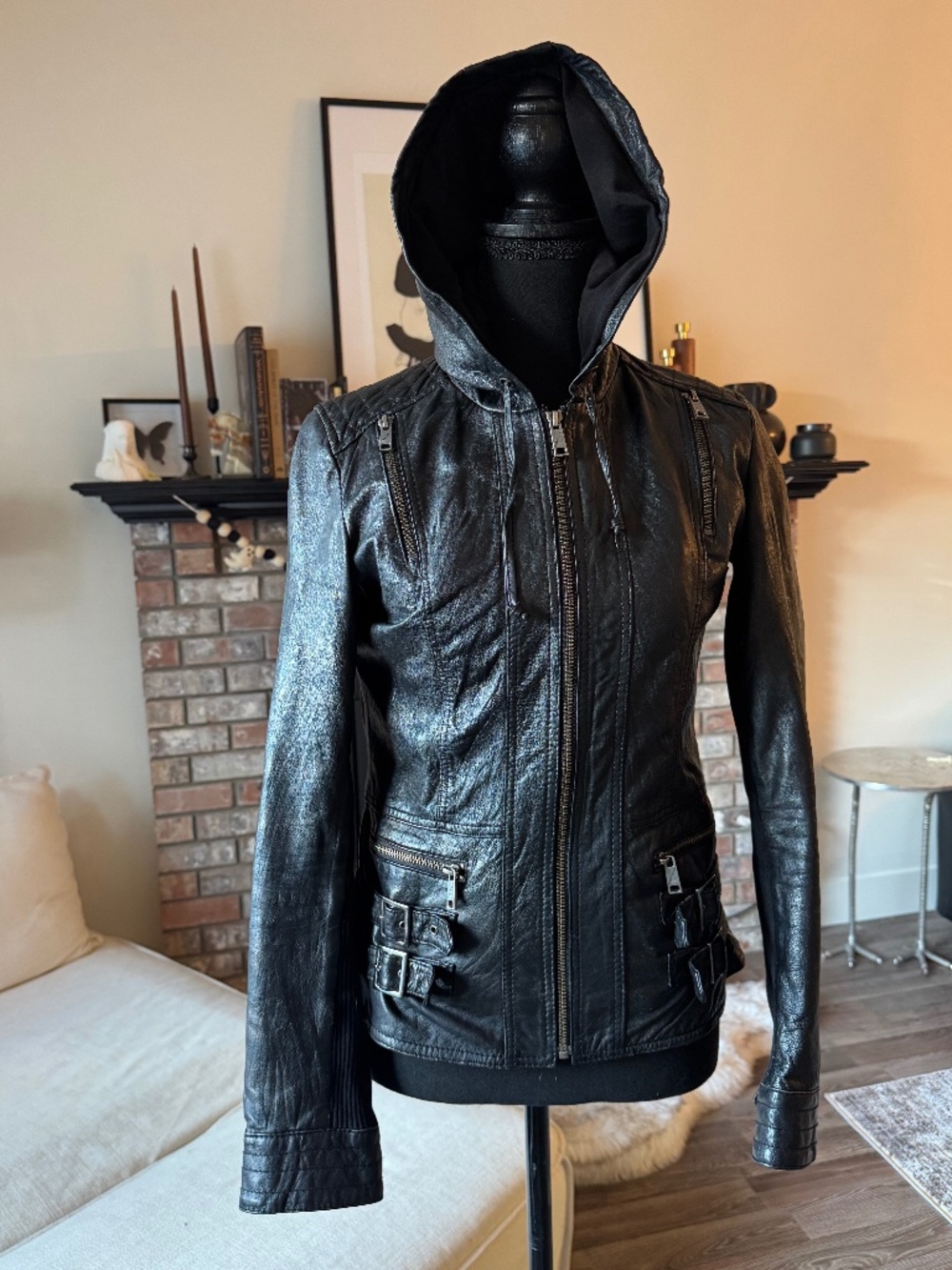 RARE ARCHIVAL M60 by Miss Sixty black leather hooded moto jacket